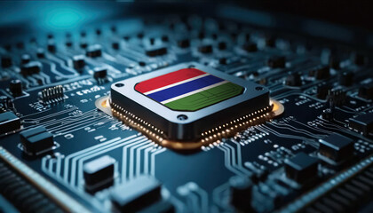 A close-up of a computer chip featuring the Gambia flag, highlighting Gambia advancements in technology