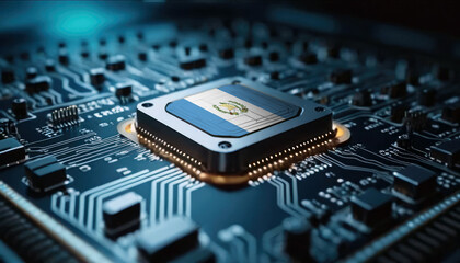 A close-up of a computer chip featuring the Guatemala flag, highlighting Guatemala advancements in technology