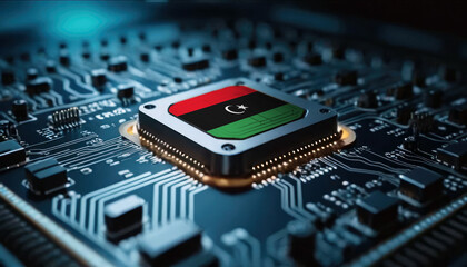 Fototapeta premium A close-up of a computer chip featuring the Libya flag, highlighting Libya advancements in technology