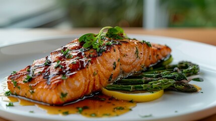 Delicious grilled salmon fillet with honey glaze, asparagus, and lemon on a white plate in a modern dining room setting. Healthy and elegant seafood dish.