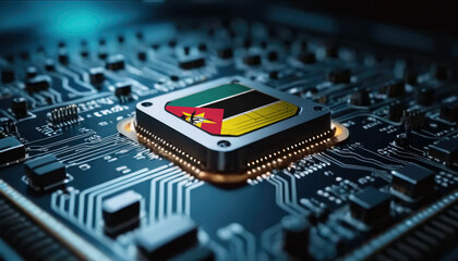 A close-up of a computer chip featuring the Mozambique flag, highlighting Mozambique advancements in technology