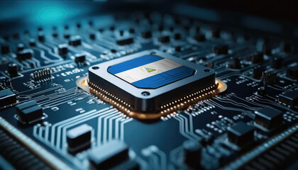 A close-up of a computer chip featuring the Nicaragua flag, highlighting Nicaragua advancements in technology