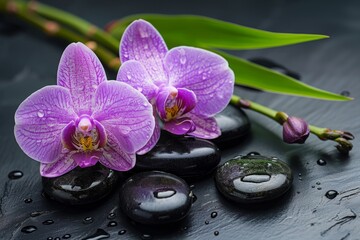 Purple orchids, black stones, water droplets on black surface