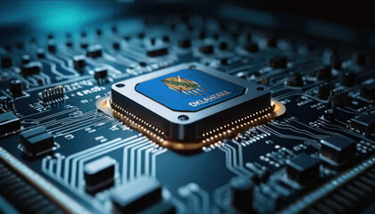 A close-up of a computer chip featuring the Oklahoma flag, highlighting Oklahoma advancements in technology