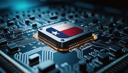 A close-up of a computer chip featuring the Texas flag, highlighting Texas advancements in technology