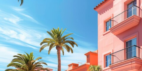 Naklejka premium Minimalistic composition: Fashion tropical minimal location. Pink Hotel and Palm. Blue summer sky. Canary islands. Travel advertising banner wallpaper