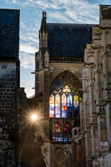 Tours street view, city on Central Loire valley, vitrages of cathedral of Tours, dedicated to Saint...
