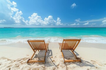 Pair wooden chairs sandy beach near sea