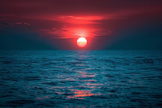 Red sun setting over sea