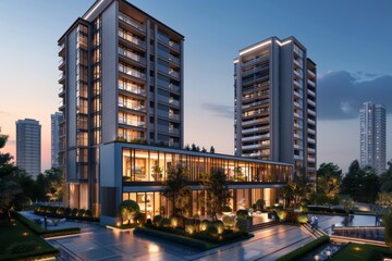 Modern residence fountain building perspective