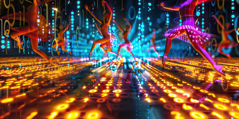 The Binary Ballet: Dancers twirling through the air, leaving behind trails of 0s and 1s on a...