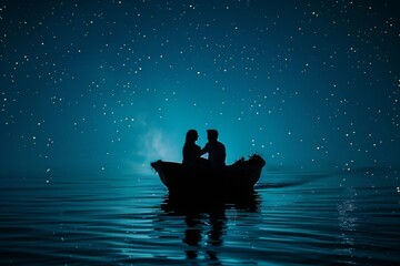 Two individuals in a boat under starry sky