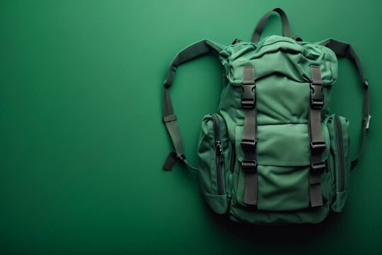 Capturing the essence of wanderlust, a green backpack sits on a matching background, inviting exploration and adventure