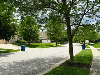 Blue trash cans line the street on trash day in an Indiana Neighborhood with a trash truck in the...