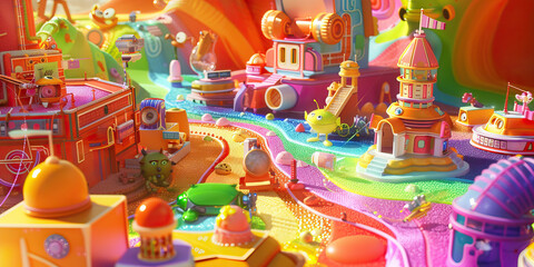 The Pixel Palace: A whimsical collection of toys, gadgets, and technological oddities, scattered across a rainbow-colored landscape.