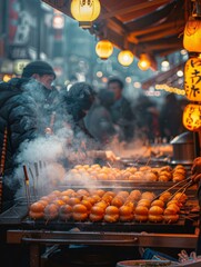 Experience the authentic street food culture in Osaka with vibrant takoyaki cooking on a stall, enveloped in steam, against a bustling crowd backdrop.