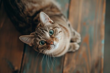 Photo of a tabby cat sitting on the floor in front of a sofa, with natural light streaming in through a window. The warm-toned interior design of a modern living room is in the background.