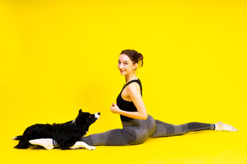 A beautiful sport female with border collie in studio