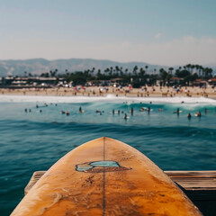 Surfing at Dawn: A Surfboard on a Pier with Ocean Waves