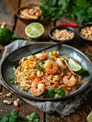 Delight in a colorful plate of Pad Thai with shrimp, topped with lime wedges and peanuts. Served on a rustic wooden table with Thai decor.