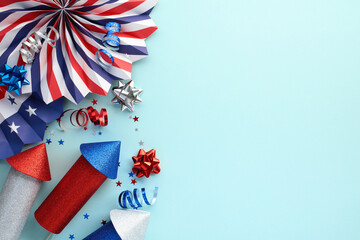 Happy Independence Day, 4th of July banner mockup with paper fans and firework rockets on light...