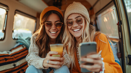 happy two girls friends with 5g mobile technology in camper van. Travel, smile and selfie with friends on road trip in car for adventure. 