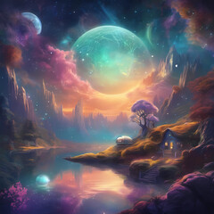 Obraz premium Dreamy painting of a house on a small island by a serene lake, set in a surreal and spacy environment. Perfect for themes of tranquility, imagination, and fantasy