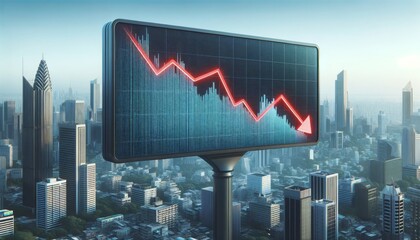 Billboard in city shows falling stocks with red arrow. Stock graph on city billboard, blurred background.