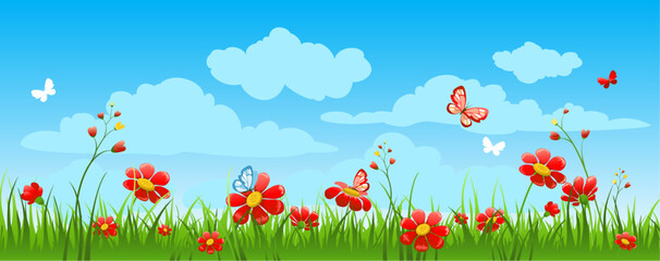 banner with sky, red flowers and grass © paprika