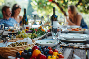 table with food and wine. family on background