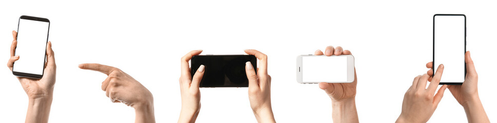 Set of hands with smartphones on white background