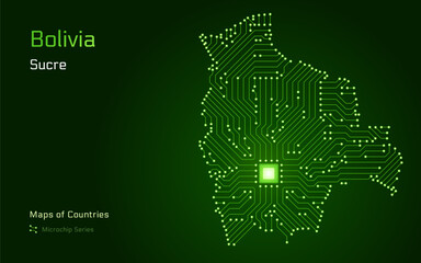 Bolivia Map with a capital of Sucre Shown in a Microchip Pattern with processor. E-government. World Countries vector maps. Microchip Series	