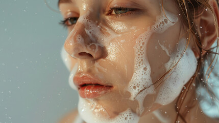 close-up of young blonde Caucasian girl washing her face using white foam soap with detailed texture of fine bubbles and texture of her skin