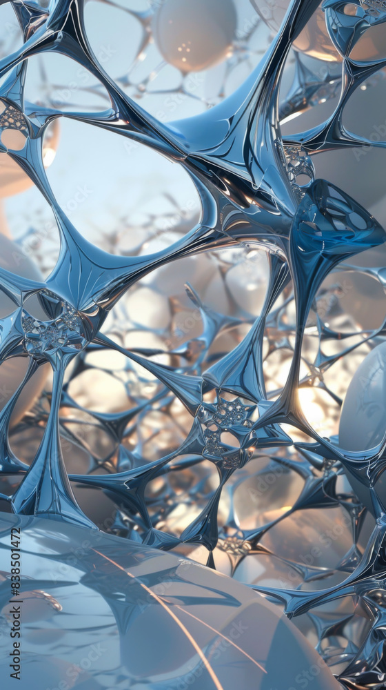 Poster close-up of a blue and silver object with many holes. the object is made of shiny and reflective mat