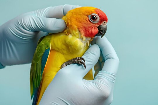Veterinarian wearing blue gloves is carefully holding and examining a vibrant and colorful sun conure parrot, ensuring its health and well-being
