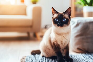 Photo of a Siamese cat sitting on the floor in front of a sofa, with natural light streaming in through a window. The warm-toned interior design of a modern living room is in the background.