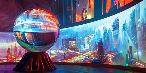 The Crystal Baller A shiny crystal ball resting on a velvet stand, projecting images of various futuristic cityscapes onto a curved screen.