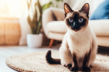 Photo of a Siamese cat sitting on the floor in front of a sofa, with natural light streaming in through a window. The warm-toned interior design of a modern living room is in the background.