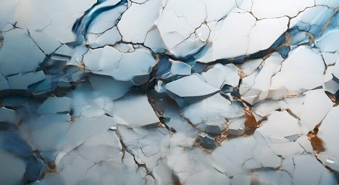 Showing a flowing blue and gold design on a cracked white surface, evoking feelings of fragility, resilience, and the passage of time