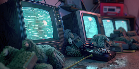 Obraz premium Electric Sheep in the Shadow Realm: A row of old-fashioned TV screens with static, next to piles of dusty VHS tapes and a rotary phone.