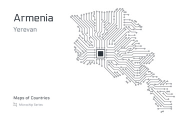 Armenia Map with a capital of Yerevan Shown in a Microchip Pattern with processor. E-government. World Countries vector maps. Microchip Series	