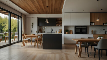 Chic kitchen and living room blend seamlessly, with modern appliances, cozy dining area, wooden ceiling, and open balcony bathed in sunlight