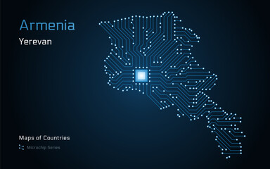 Armenia Map with a capital of Yerevan Shown in a Microchip Pattern with processor. E-government. World Countries vector maps. Microchip Series	