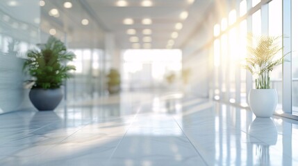 Beautiful blurred background of a light modern office interior with panoramic windows and beautiful lighting.