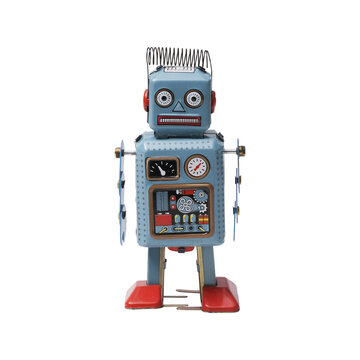 Funny vintage tin toy robot on white background