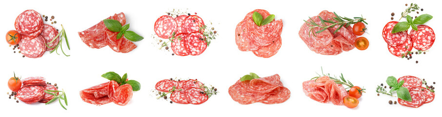 Set of tasty sliced salami on white background