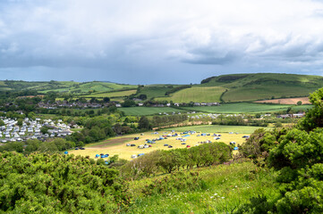 Campsites and cabins in the Dorset countryside at Chideock, Bridport, England 