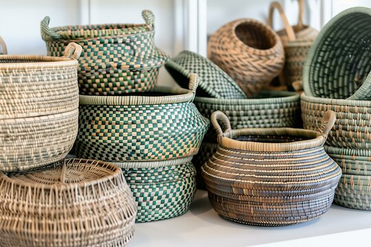 handmade storage baskets in various sizes and shapes, neatly stacked on a light-colored surface. The baskets are woven from natural materials with green and brown tones