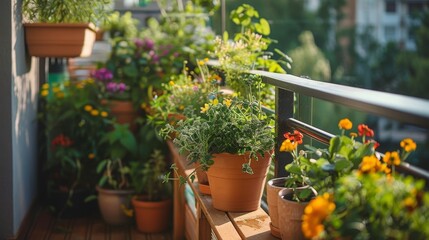 Fototapeta premium A close-up view of a balcony garden filled with potted herbs and flowers. The plants are bathed in the morning sunlight, creating a vibrant and welcoming atmosphere
