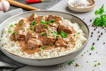 Authentic Beef Stroganoff with Rice and Parsley. Czech Cuisine Delight